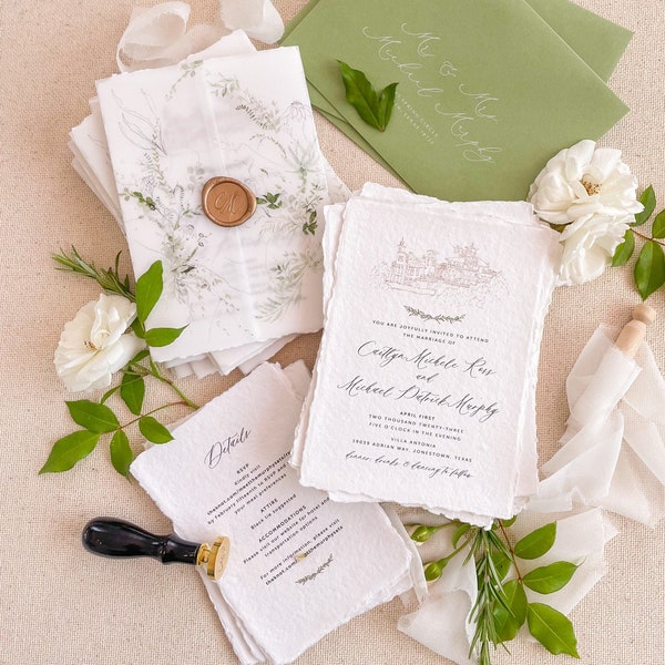 Amabelle Handmade Wedding Invitation Sets, Deckled Edge Paper Invitations, Cotton Paper Invitations, Silk Ribbons, Wax Seals, DEPOSIT