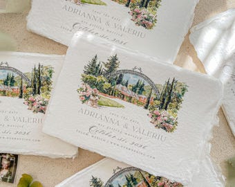Save the Date Cards | Hand Drawn Watercolor Wedding Venue | Handmade Cotton Rag Paper | Contact for a Quote | Delvina