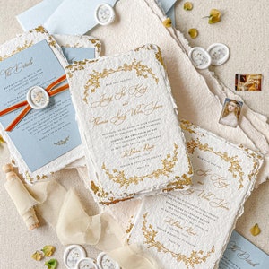 Daisie GoldLeaf and Handmade Paper Wedding Invitation Set, Deckled Edge Paper Invitations, Golden Leaf Invitations, Cotton Paper, DEPOSIT
