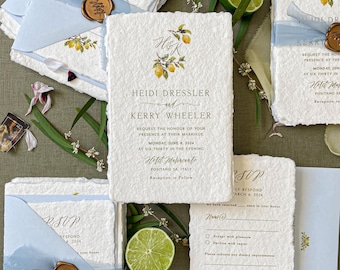 Handmade Paper Wedding Invitation | Watercolor Lemon Wedding Invitation | Italian Destination Fine Art Invitation Suite | Kai