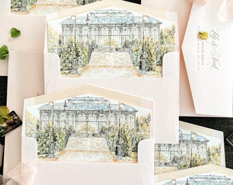 Blush Pink Wedding Envelopes | Watercolor Conservatory Liners | Custom Venue Illustration | Address Printing | Luxury Stationery