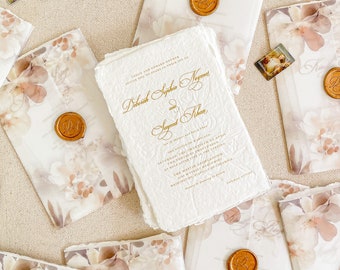 Lia Handmade Wedding Invitation Sets, Deckled Edge Paper Invitations, Cotton Paper Invitations, Silk Ribbons, Wax Seals, DEPOSIT