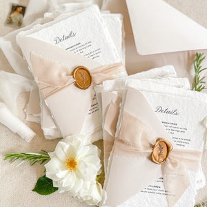 Suite de faire-part de mariage Emily en papier fait main, papier taché, papier fait main, faire-part de mariage en coton, caution