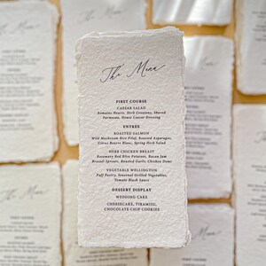 Menus de mariage en papier fait main madrigal, menus en papier bords froissés, papeterie de jour mariage, papier de coton, table de mariage, caution