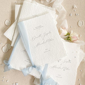 May include: A stack of white wedding invitations with blue ribbon tied around them. The invitations are decorated with small blue hearts and the text "Welcome to the wedding of Danielle Gogales & Alexander Mitchem" is printed on the top invitation.