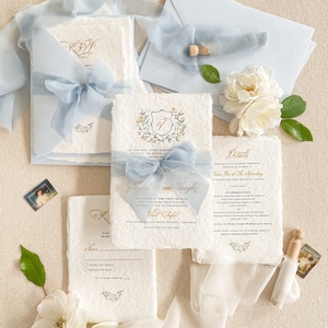 Blossom Handmade Wedding Invitations, Watercolor Monogram Wedding Illustration, Cotton Paper Invitations, Deckled Edge Invitation, DEPOSIT