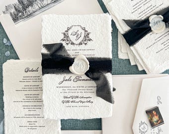 Handmade Wedding Invitations | Deckle Edge Paper | Black Ribbon | Wax Seal | Illustrated Liners | Monogram | Elin