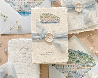 Handmade Paper Invitation | Watercolor Venue Artwork | Silk Ribbon | Fine Art Suite | Demi