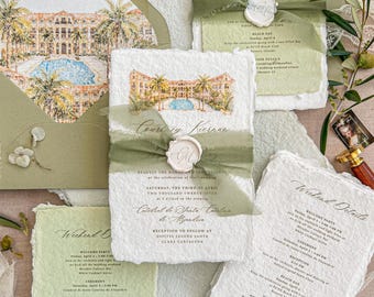 Handmade Wedding Invitations | Watercolor Venue | Deckle Edges Paper | Wax Seal | Custom Envelope Liners | Freya