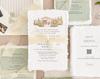 Handmade Wedding Invitation Suite | Watercolor Villa | Deckle Edges | Ivory Ribbon | Sage Details Cards | Constance