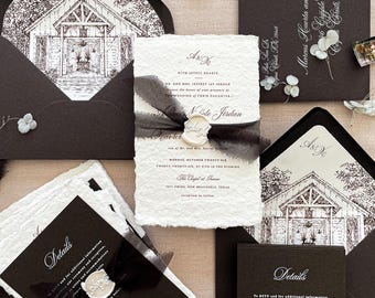 Handmade Paper Wedding Invitation | Black Wedding Suite | Chapel Venue Illustration | Aspen