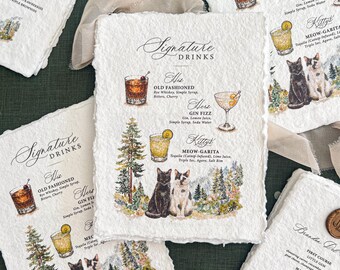 Custom Signature Drinks Menus | Handmade Deckle Edge Paper | Watercolor Cocktails | Personalized Cat Illustrations | Marika