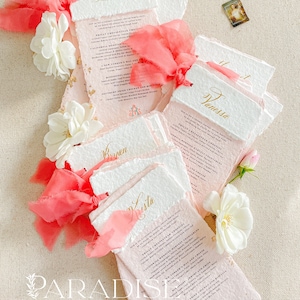 Rosalinda Handmade Paper Wedding Menus, Deckled Edge paper Menus, Gold Leaf Menus, Cotton Paper, Wedding Table, DEPOSIT