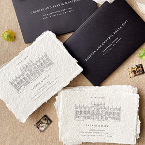 Shannel Handmade Wedding Save the Date Cards, Printed Cards, Deckled Edge Paper, Hand Drawn Wedding Venue, DEPOSIT