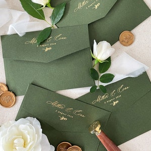 Real Gold Foil Printing on Forest Green Envelopes, Wedding Stationery, Invitation Stationery, PLEASE CONTACT us before purchasing image 1