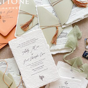 Ensemble de faire-part de mariage en papier fait main Juliette, faire-parts bords tagués, glands, faire-part de mariage imprimés ou imprimables, caution