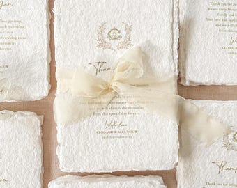 Wedding Thank You Cards | Handmade Paper | Deckle Edge | Floral Monogram | Ivory Ribbon | Azalea