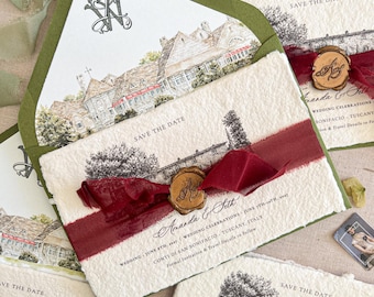 Handmade Paper Save the Date | Watercolor Venue Illustration | Burgundy Ribbon & Wax Seal | Odalys