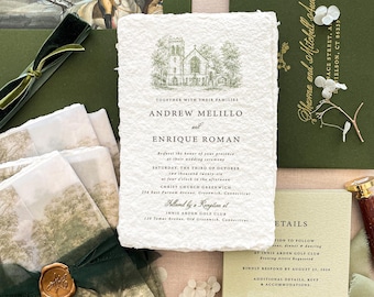 Handmade Paper Wedding Invitation | Vellum Jacket | Custom Venue Illustration | Olive Green | Aubrey