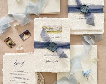 Deckled Edge Wedding Invitation | Handmade Paper | Silk Ribbon Wrap | Wax Seal | Luxury Suite | Celia