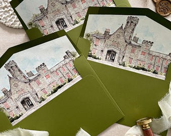 Olive Green Envelopes | Watercolor Castle Liners | Wedding Invitation Stationery | Please contact for a quote