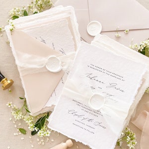 Suite de faire-part de mariage en papier fait main Harper, papier frisé, papier fait main, faire-part de mariage en coton, caution
