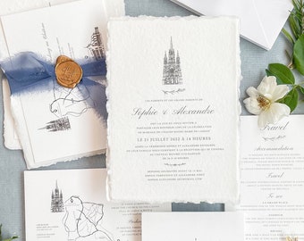 Celestiel Handmade Paper Wedding Invitation, Deckled Edge Paper Invitation, Hand drawn Wedding Venue, Wax Seal Invitation, Deposit