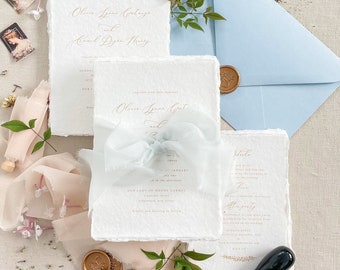 Dove Handmade Wedding Invitation Suit, Deckled Edge Paper Invitations, Cotton Paper Invitations, Silk Ribbons, Envelopes, DEPOSIT