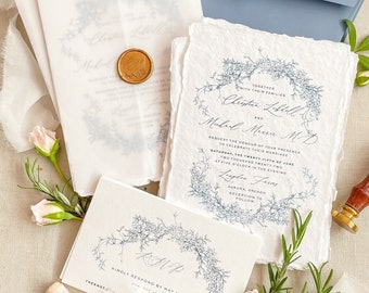 Elisamarie Handmade Wedding Invitation Sets, Silk Ribbons, Wax Seals, Deckled Edges Invitations, Wedding Stationery, DEPOSIT