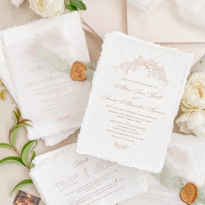 Liliany Handmade Paper Wedding Invitation, Hand-drawn Wreath Invitation, Deckled Edge Paper Invitation, Cotton Paper Invitations, Deposit