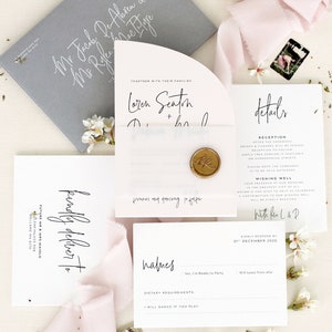 Loren Half Arch Modern Wedding Invitation, Blush Paper, Alchemy Envelope and White Ink Printing, Golden Wax Seals, Custom Invitations