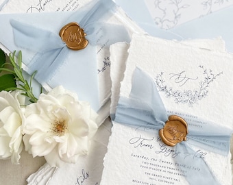 Tallulah Handmade Wedding Invitation Sets, Deckled Edge Paper Invitations, Cotton Paper Invitations, Silk Ribbons, Wax Seals, DEPOSIT