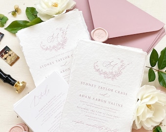 Cipriana Handmade Paper Wedding Invitation, Deckled Edge Paper Invitation, Silk ribbons wax seals, Personalised Wedding Invites - DEPOSIT