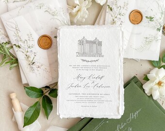 Wedding Invites Handmade Paper | Custom Venue Illustration | Boho Chic Invites| Vellum Jackets & Wax Seals | Contact for Quote | Alexandrie