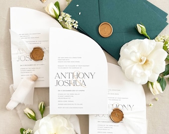 Leilani Half Arch Wedding Invitation Sets, Printed or Printable Invitations, Emerald Wedding Envelopes, Wax Seals, Envelopes