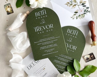 Logan Arch Wedding Invitations, Modern Calligraphy Wedding Ivitations, Forest Green Paper, Wax Seals, Envelopes, DEPOSIT