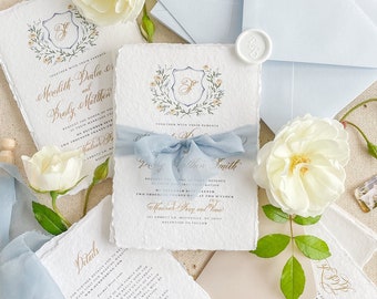 Alyssandra Handmade Paper Wedding Invitations, Deckled Edge Paper Invitations, Silk Ribbons, Custom Wedding Invites - DEPOSIT