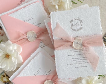 Adina Handmade Wedding Invitation Sets, Deckled Edge Paper Invitations, Cotton Paper Invitations, Silk Ribbons, Wax Seals, DEPOSIT