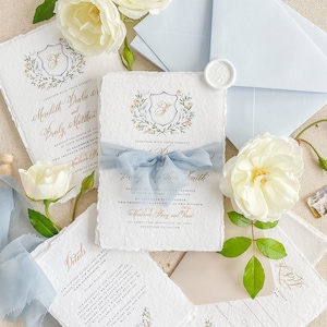 Alyssandra Handmade Paper Wedding Invitations, Deckled Edge Paper Invitations, Silk Ribbons, Custom Wedding Invites - DEPOSIT