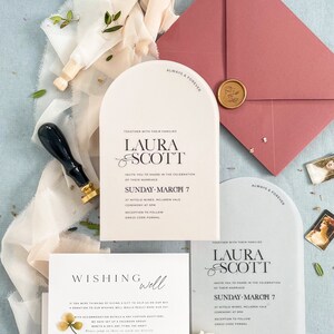 Dorah Vellum Arch Wedding Invitation Suite, Printed or Printable Invitations, Modern Wedding Invitations, Calligraphy Invitations, Wax Seals