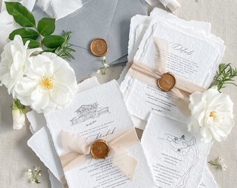 Clara Handmade Wedding Invitation Sets, Deckled Edge Paper Invitations, Cotton Paper Invitations, Hand Drawn Venue, Wax Seals, DEPOSIT