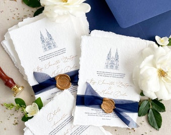 Lena Handmade Paper Wedding Invitation Sets, Wedding Invitation, Navy Wedding Invitations, Cotton Paper Invitations, Silk Ribbons, DEPOSIT