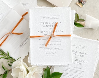 Cecilla Handmade Wedding Invitation Sets, Deckled Edge Paper Invitations, Cotton Paper Invitations, Silk Ribbons, Wax Seals, DEPOSIT