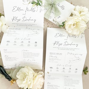 Ensembles de faire-part de mariage en accordéon Bernadene, faire-parts calligraphie, aquarelle de verdure, carte dessinée à la main, faire-part de mariage personnalisés