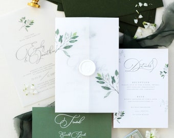 Bernadea Boho Style Wedding Invitation Sets, Greenery Invitations, Wedding Stationery, Forest green envelopes, Vellum jackets, Wax seals,