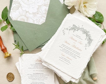 Antonine Handmade Paper Wedding Invitation Set, Deckled Edge Invitations, Cotton Paper, Printed or Printable Wedding Invitations, DEPOSIT