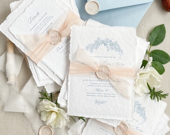 Astrid Handmade Wedding Invitation Sets, Deckled Edge Paper Invitations, Cotton Paper Invitations, Floral Wreath, Wax Seals, DEPOSIT