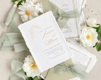 Tessa Handmade Wedding Invitation Sets, Deckled Edge Paper Invitations, Cotton Paper Invitations, Silk Ribbons, Wax Seals, DEPOSIT