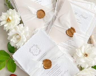 Kiera Handmade Wedding Invitation Sets, Deckled Edge Paper Invitations, Cotton Paper Invitations, Silk Ribbons, Wax Seals, DEPOSIT