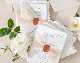 Bemadette Handmade Wedding Invitation Sets, Deckled Edge Paper Invitations, Cotton Paper Invitations, Silk Ribbons, Wax Seals, DEPOSIT